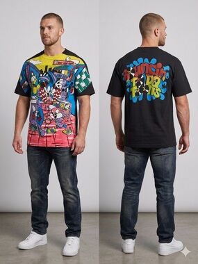AOP Vintage Cartoon City Graphic Short-Sleeve Tee - Black